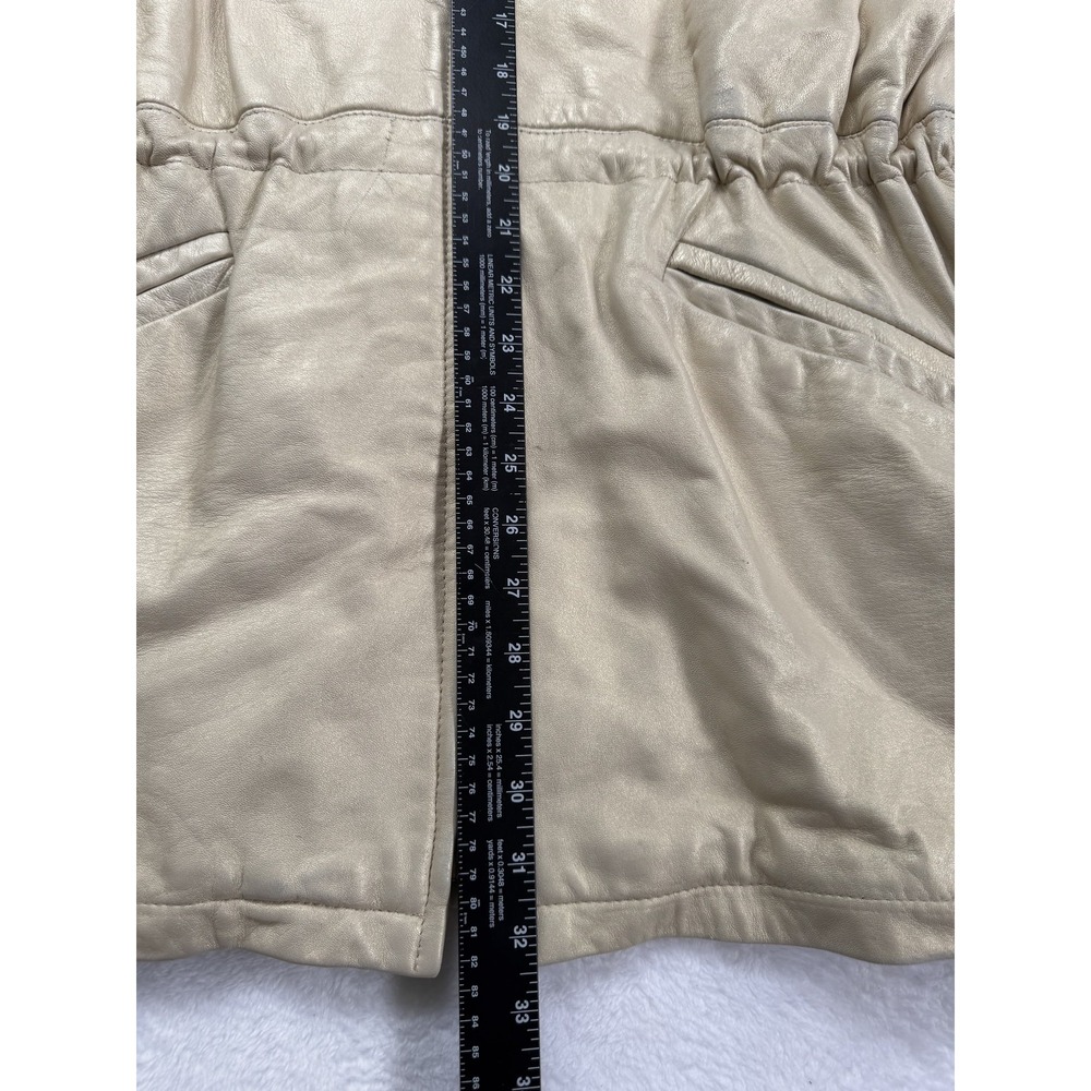 Vintage Cache Damselle Jacket Womens XS Beige Leather Fur Collar Belted USA 80s - Picture 6 of 12